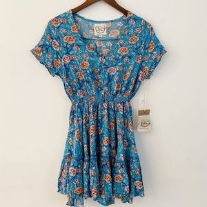 Sunday mi Amor Blue Rose Short Sleeve Mini Dress Sz S NWT